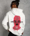 Erkek Oversize Üç İplik Kapüşonlu Sweatshirt – “Don’t Be Terrified” Ön, Sırt ve Kol Baskılı, Kanguru Cepli, Ribanalı Rahat Model - Beyaz