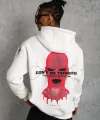 Erkek Oversize Üç İplik Kapüşonlu Sweatshirt – “Don’t Be Terrified” Ön, Sırt Ve Kol Baskılı, Kanguru Cepli, Ribanalı Rahat Model - Beyaz