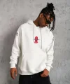 Erkek Oversize Üç İplik Kapüşonlu Sweatshirt – “Don’t Be Terrified” Ön, Sırt ve Kol Baskılı, Kanguru Cepli, Ribanalı Rahat Model - Beyaz