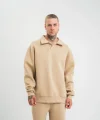 Erkek Patlı Yaka Üç İplik Pamuklu Sweatshirt Double Oversize Rahat Kalıp Günlük Kullanım – Bej