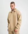 Erkek Patlı Yaka Üç İplik Pamuklu Sweatshirt Double Oversize Rahat Kalıp Günlük Kullanım – Bej