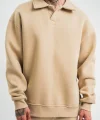 Erkek Patlı Yaka Üç İplik Pamuklu Sweatshirt Double Oversize Rahat Kalıp Günlük Kullanım – Bej