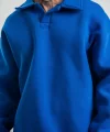 Erkek Patlı Yaka Üç İplik Pamuklu Sweatshirt Double Oversize Rahat Kalıp Günlük Kullanım - Mavi