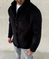 Erkek Pelüş Polar Hırka Gömlek – Yakalı, İlik Düğmeli, Göğüs Cepli, Yumuşak Dokulu Kışlık Regular Fit Rahat Günlük Model - Siyah