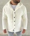 Erkek Pelüş Polar Hırka Gömlek – Yakalı, İlik Düğmeli, Göğüs Cepli, Yumuşak Dokulu Kışlık Regular Fit Rahat Günlük Model - Beyaz
