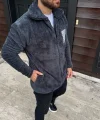 Erkek Polar Fermuarlı Sweatshirt – Kapüşonsuz, Cepli, Yumuşak Dokulu, Oversize Rahat Kalıp, Kışlık Sıcak Tutan Fermuarlı Üst - Füme
