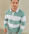 Erkek Polo Yaka Uzun Kollu Çizgili Sweatshirt Trend Rugby Stil - Çağla Yeşili