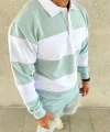Erkek Polo Yaka Uzun Kollu Çizgili Sweatshirt Trend Rugby Stil - Çağla Yeşili