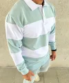 Erkek Polo Yaka Uzun Kollu Çizgili Sweatshirt Trend Rugby Stil - Çağla Yeşili