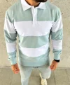 Erkek Polo Yaka Uzun Kollu Çizgili Sweatshirt Trend Rugby Stil - Çağla Yeşili