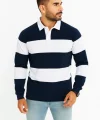 Erkek Polo Yaka Uzun Kollu Çizgili Sweatshirt Trend Rugby Stil - Lacivert