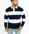 Erkek Polo Yaka Uzun Kollu Çizgili Sweatshirt Trend Rugby Stil - Lacivert