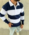 Erkek Polo Yaka Uzun Kollu Çizgili Sweatshirt Trend Rugby Stil - Lacivert