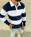 Erkek Polo Yaka Uzun Kollu Çizgili Sweatshirt Trend Rugby Stil - Lacivert