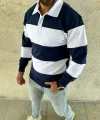 Erkek Polo Yaka Uzun Kollu Çizgili Sweatshirt Trend Rugby Stil - Lacivert