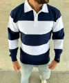 Erkek Polo Yaka Uzun Kollu Çizgili Sweatshirt Trend Rugby Stil - Lacivert