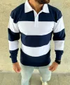 Erkek Polo Yaka Uzun Kollu Çizgili Sweatshirt Trend Rugby Stil - Lacivert