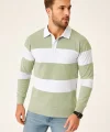 Erkek Polo Yaka Uzun Kollu Çizgili Sweatshirt Trend Rugby Stil - Mint Yeşili