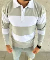 Erkek Polo Yaka Uzun Kollu Çizgili Sweatshirt Trend Rugby Stil - Mint Yeşili