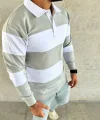 Erkek Polo Yaka Uzun Kollu Çizgili Sweatshirt Trend Rugby Stil - Mint Yeşili