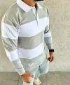 Erkek Polo Yaka Uzun Kollu Çizgili Sweatshirt Trend Rugby Stil - Mint Yeşili