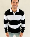 Erkek Polo Yaka Uzun Kollu Çizgili Sweatshirt Trend Rugby Stil - Siyah
