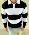 Erkek Polo Yaka Uzun Kollu Çizgili Sweatshirt Trend Rugby Stil - Siyah