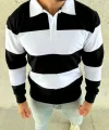 Erkek Polo Yaka Uzun Kollu Çizgili Sweatshirt Trend Rugby Stil - Siyah