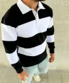 Erkek Polo Yaka Uzun Kollu Çizgili Sweatshirt Trend Rugby Stil - Siyah