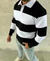 Erkek Polo Yaka Uzun Kollu Çizgili Sweatshirt Trend Rugby Stil - Siyah