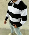 Erkek Polo Yaka Uzun Kollu Çizgili Sweatshirt Trend Rugby Stil - Siyah