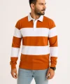 Erkek Polo Yaka Uzun Kollu Çizgili Sweatshirt Trend Rugby Stil - Turuncu
