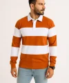 Erkek Polo Yaka Uzun Kollu Çizgili Sweatshirt Trend Rugby Stil - Turuncu