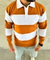 Erkek Polo Yaka Uzun Kollu Çizgili Sweatshirt Trend Rugby Stil - Turuncu