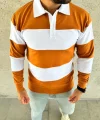 Erkek Polo Yaka Uzun Kollu Çizgili Sweatshirt Trend Rugby Stil - Turuncu