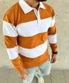 Erkek Polo Yaka Uzun Kollu Çizgili Sweatshirt Trend Rugby Stil - Turuncu