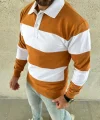 Erkek Polo Yaka Uzun Kollu Çizgili Sweatshirt Trend Rugby Stil - Turuncu