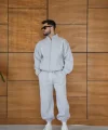 Erkek Premium Parçalı Eşofman Takım - Dik Yaka Fermuarlı Biyeli Sweatshirt Lastik Paça Alt, Oversize 3 Iplik Şardonlu - Gri