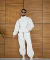 Erkek Premium Parçalı Eşofman Takım - Dik Yaka Fermuarlı Biyeli Sweatshirt Lastik Paça Alt, Oversize 3 iplik Şardonlu - Beyaz
