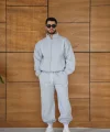 Erkek Premium Parçalı Eşofman Takım - Dik Yaka Fermuarlı Biyeli Sweatshirt Lastik Paça Alt, Oversize 3 iplik Şardonlu - Gri