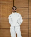 Erkek Premium Parçalı Eşofman Takım - Dik Yaka Fermuarlı Biyeli Sweatshirt Lastik Paça Alt, Oversize 3 iplik Şardonlu - Beyaz