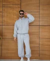 Erkek Premium Parçalı Eşofman Takım - Dik Yaka Fermuarlı Biyeli Sweatshirt Lastik Paça Alt, Oversize 3 iplik Şardonlu - Gri