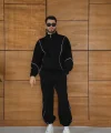 Erkek Premium Parçalı Eşofman Takım - Dik Yaka Fermuarlı Biyeli Sweatshirt Lastik Paça Alt, Oversize 3 iplik Şardonlu - Siyah