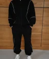 Erkek Premium Parçalı Eşofman Takım - Dik Yaka Fermuarlı Biyeli Sweatshirt Lastik Paça Alt, Oversize 3 Iplik Şardonlu - Siyah