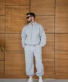 Erkek Premium Parçalı Eşofman Takım - Dik Yaka Fermuarlı Biyeli Sweatshirt Lastik Paça Alt, Oversize 3 iplik Şardonlu - Gri