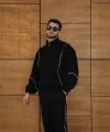 Erkek Premium Parçalı Eşofman Takım - Dik Yaka Fermuarlı Biyeli Sweatshirt Lastik Paça Alt, Oversize 3 iplik Şardonlu - Siyah