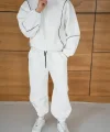 Erkek Premium Parçalı Eşofman Takım - Dik Yaka Fermuarlı Biyeli Sweatshirt Lastik Paça Alt, Oversize 3 iplik Şardonlu - Beyaz