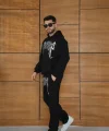 Erkek Premium Taş Baskılı Eşofman Takım Revenge Model (Siyah) Kapüşonlu Üst + Taşlı Baskılı Alt Modern Streetwear Tarzı Oversize Rahat Kalıp 3 iplik Pamuklu - Siyah