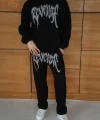Erkek Premium Taş Baskılı Eşofman Takım Revenge Model (Siyah) Kapüşonlu Üst + Taşlı Baskılı Alt Modern Streetwear Tarzı Oversize Rahat Kalıp 3 iplik Pamuklu - Siyah