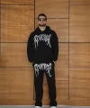 Erkek Premium Taş Baskılı Eşofman Takım Revenge Model (Siyah) Kapüşonlu Üst + Taşlı Baskılı Alt Modern Streetwear Tarzı Oversize Rahat Kalıp 3 iplik Pamuklu - Siyah